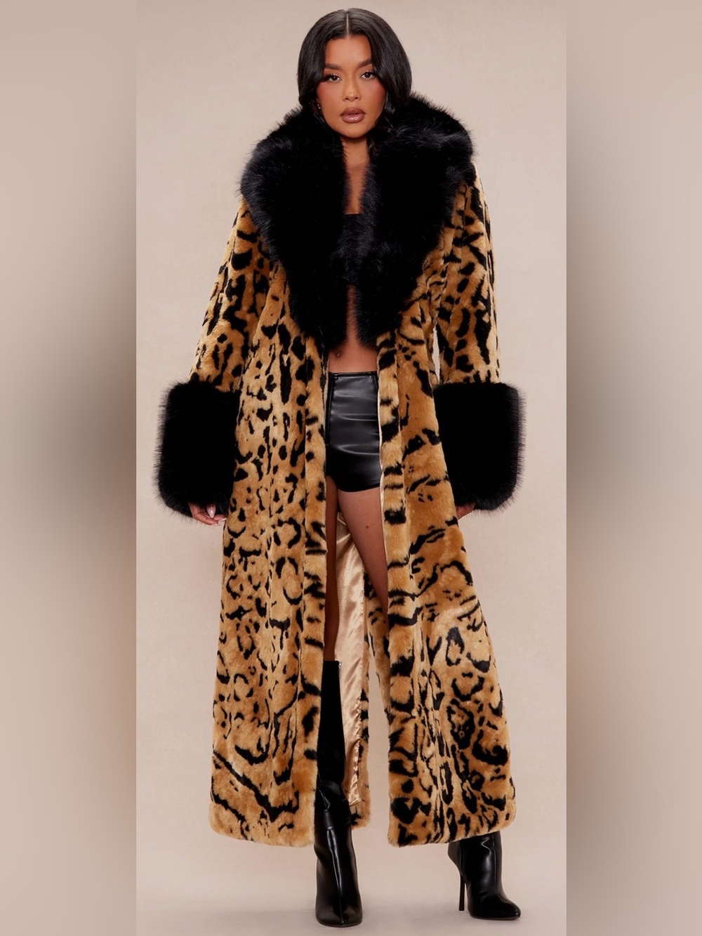Fashion Nova Leopard Print Faux Fur Coat with Black Fur Collar - Picture 3 of 3